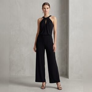 White House Black Market Black Halter Neck Wide Leg Jumpsuit | Size Small
